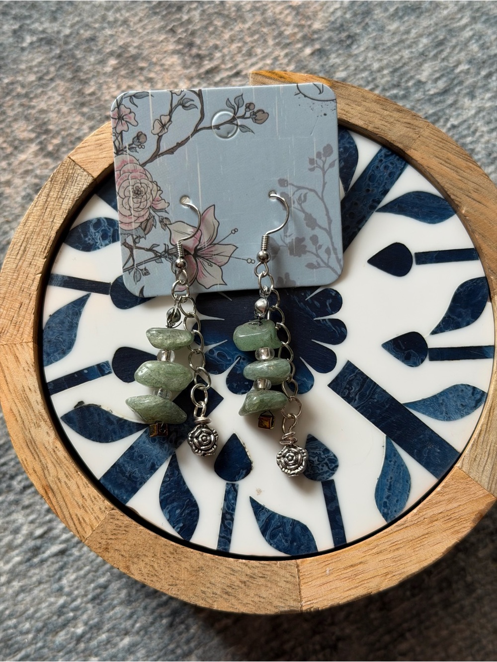 Green Stone Stack Drop Earrings with Silver Rose Charm